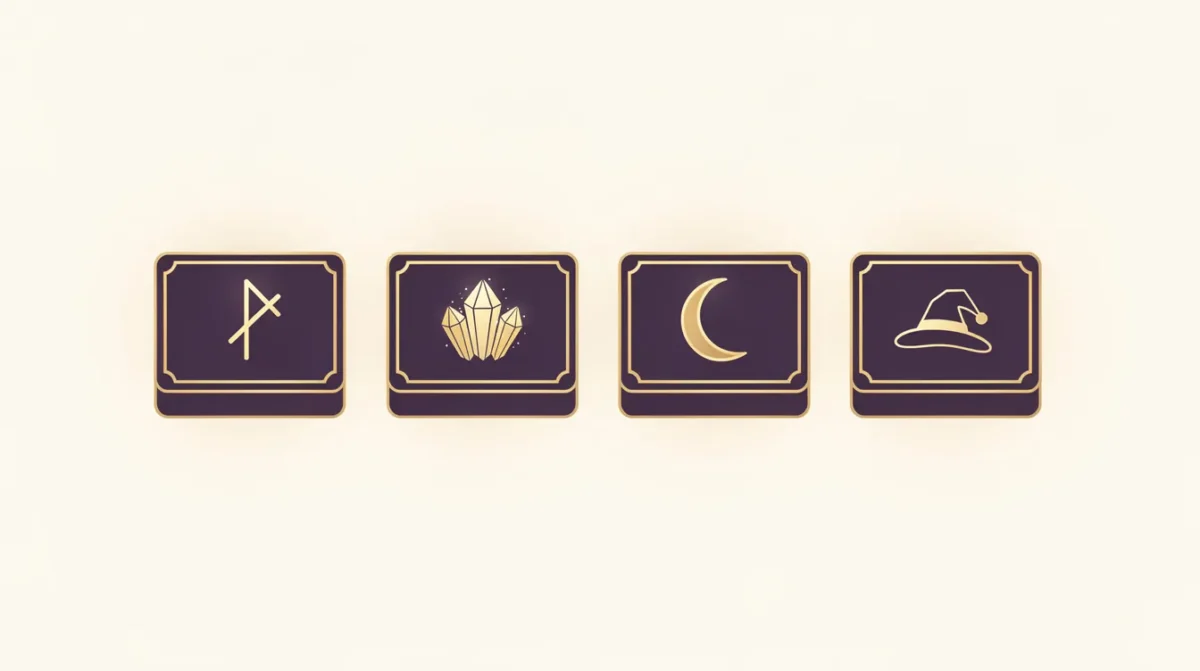 Quatre box spirituelles thématiques alignées, chacune portant un emblème doré : rune, cristal, croissant de lune, chapeau de sorcière