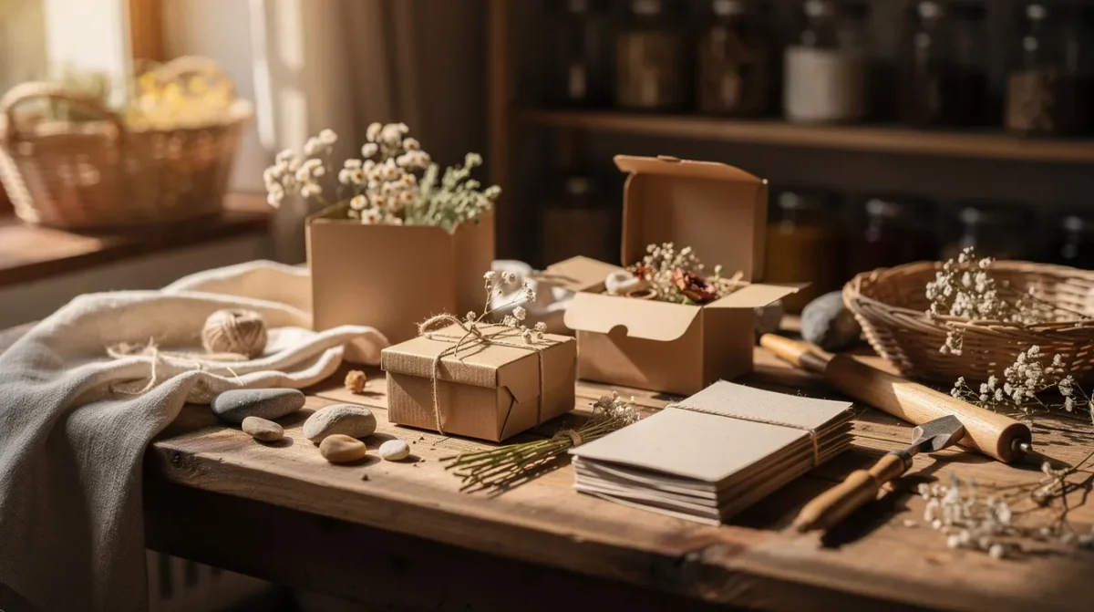 L'atelier d'origine de la Spiritual Box : coffrets kraft, pierres et livrets en préparation