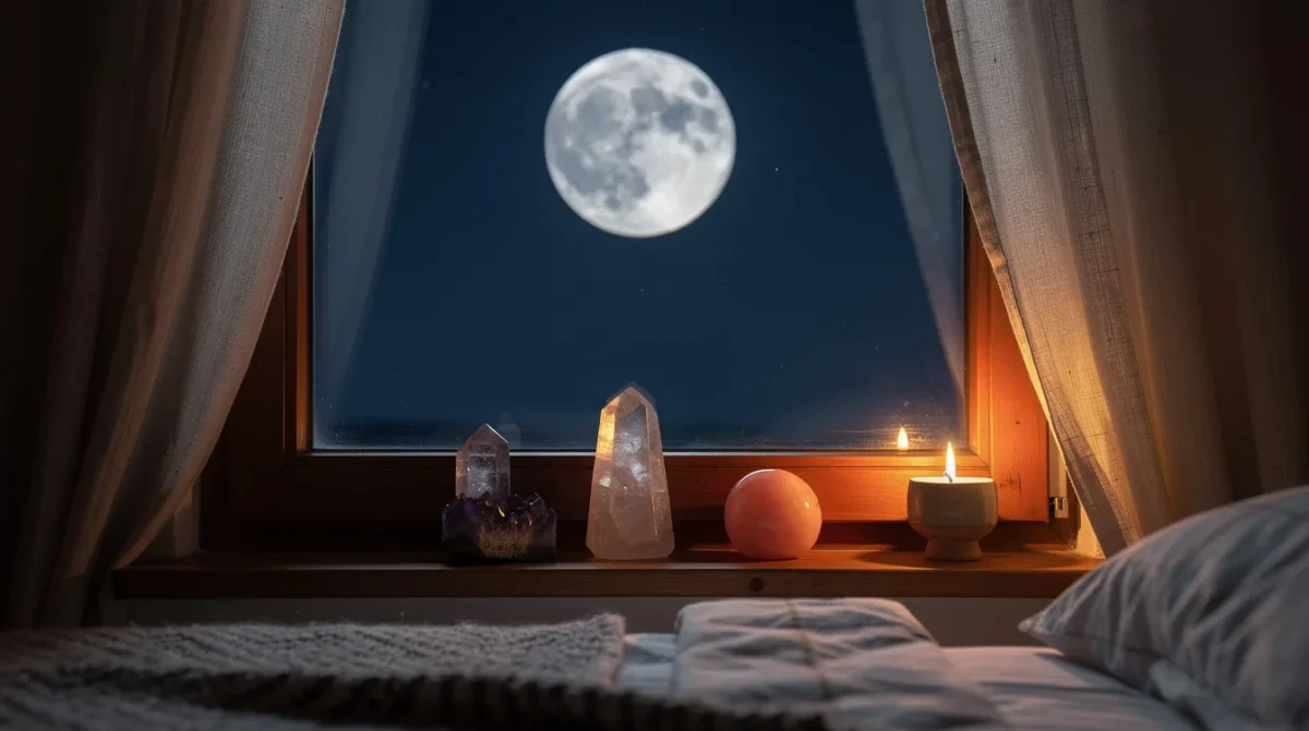 Pleine lune vue par une fenêtre au-dessus de trois cristaux et d'une bougie allumée