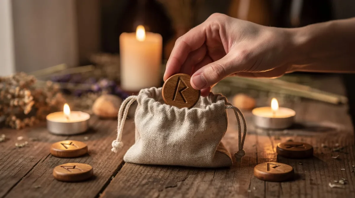 Main tirant une rune gravée dans un sac en lin, table éclairée à la bougie